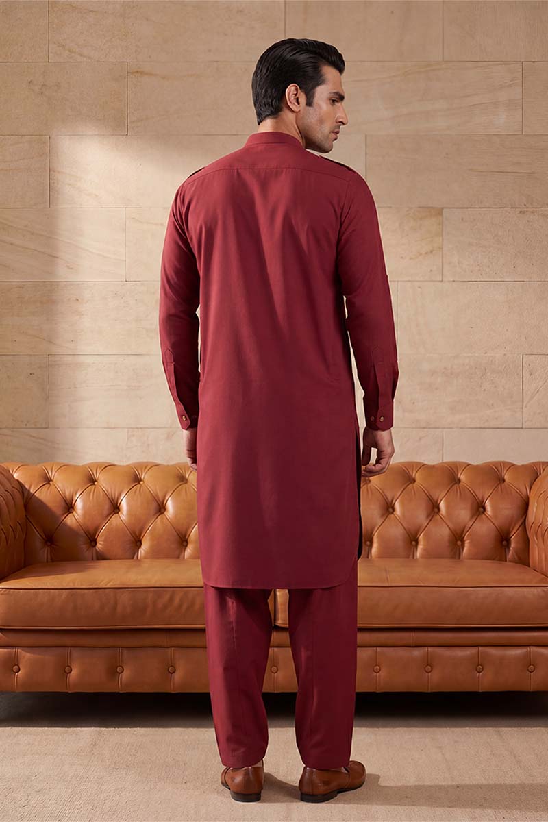 Red Viscose Rayon Solid Straight Pathani Set MKSET2370