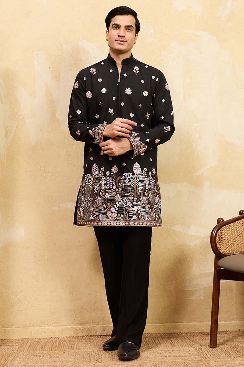 Black Silk Blend Embroidered Straight Kurta Sets MKSET2395