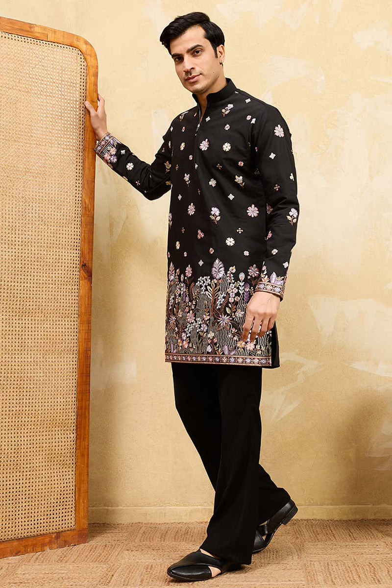 Black Silk Blend Embroidered Straight Kurta Sets MKSET2395