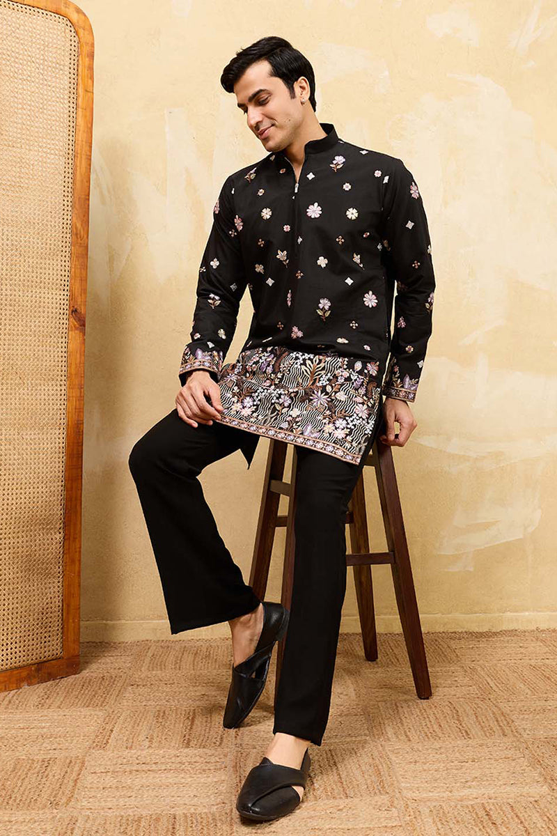 Black Silk Blend Embroidered Straight Kurta Sets MKSET2395