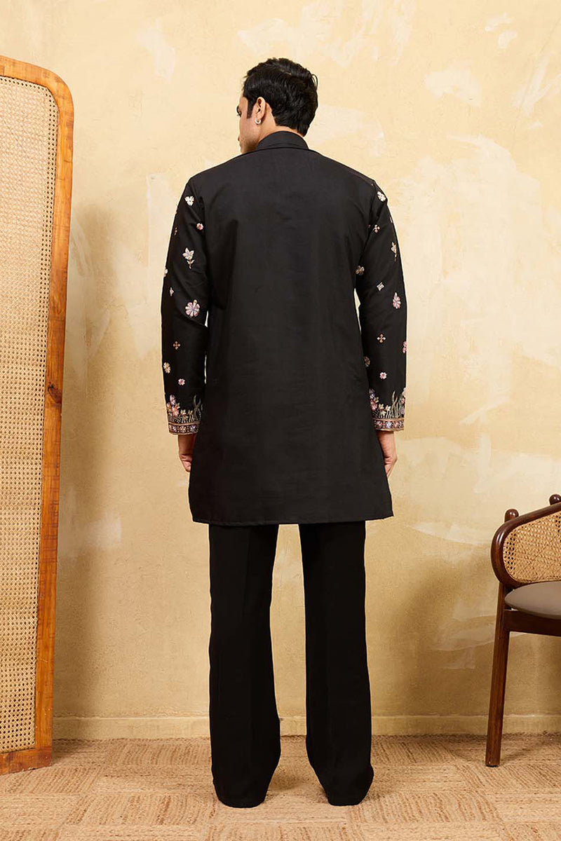 Black Silk Blend Embroidered Straight Kurta Sets MKSET2395