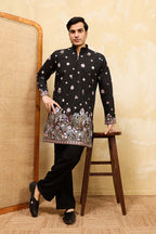 Black Silk Blend Embroidered Straight Kurta Sets MKSET2395