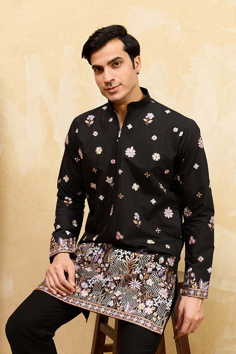 Black Silk Blend Embroidered Straight Kurta Sets MKSET2395