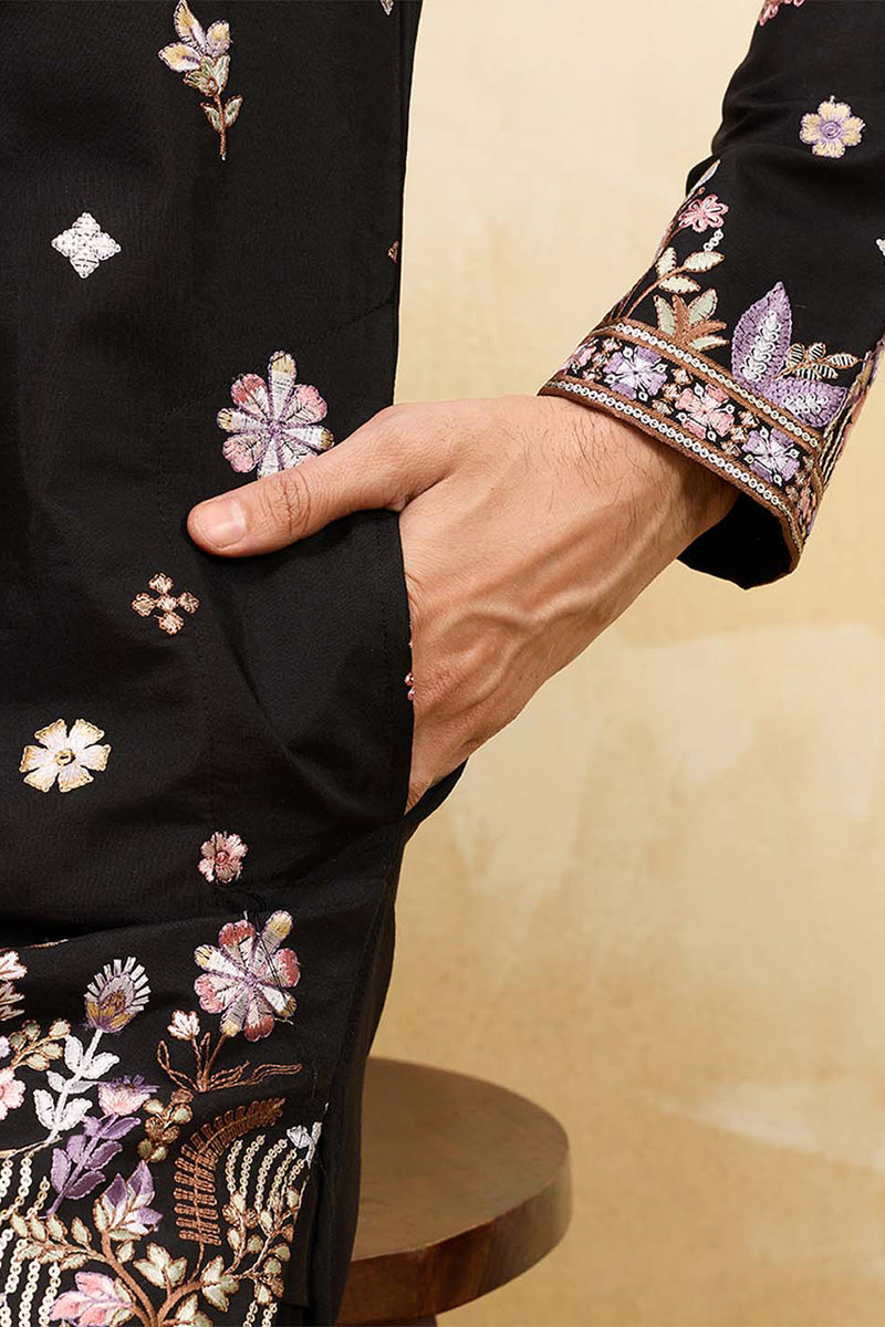 Black Silk Blend Embroidered Straight Kurta Sets MKSET2395