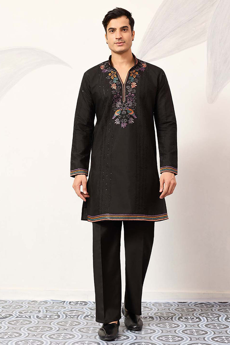 Black Silk Blend Embroidered Straight Kurta With Trousers MKSET2396