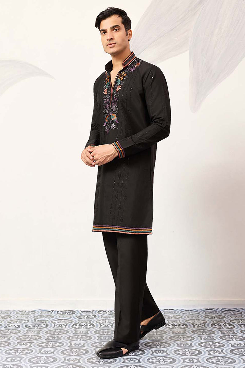 Black Silk Blend Embroidered Straight Kurta With Trousers MKSET2396