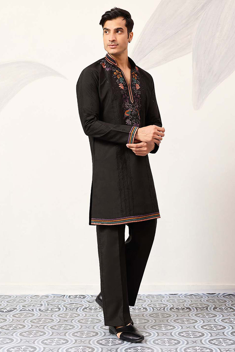Black Silk Blend Embroidered Straight Kurta With Trousers MKSET2396