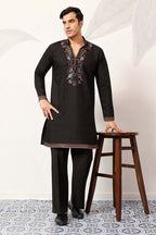 Black Silk Blend Embroidered Straight Kurta With Trousers MKSET2396