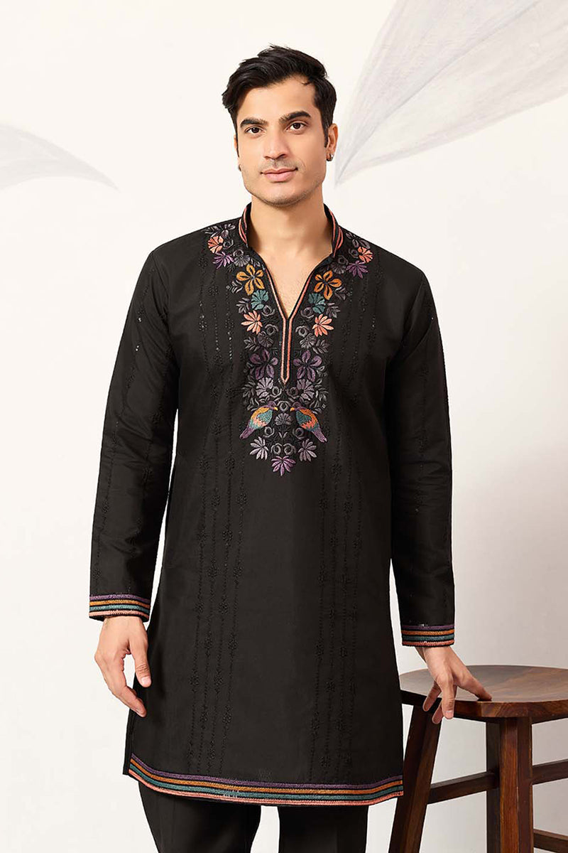 Black Silk Blend Embroidered Straight Kurta With Trousers MKSET2396
