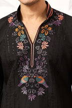 Black Silk Blend Embroidered Straight Kurta With Trousers MKSET2396