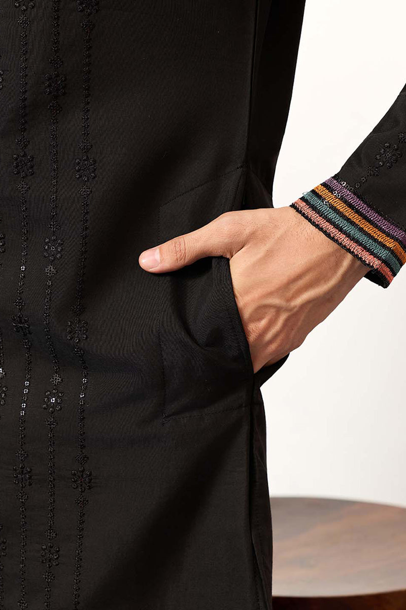 Black Silk Blend Embroidered Straight Kurta With Trousers MKSET2396