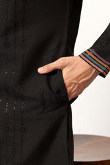 Black Silk Blend Embroidered Straight Kurta With Trousers MKSET2396