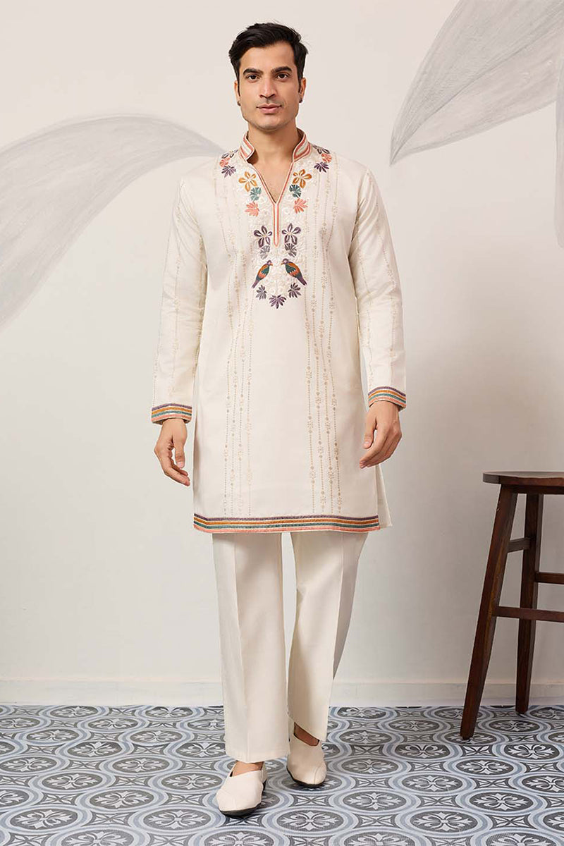White Silk Blend Embroidered Straight Kurta With Trousers MKSET2397