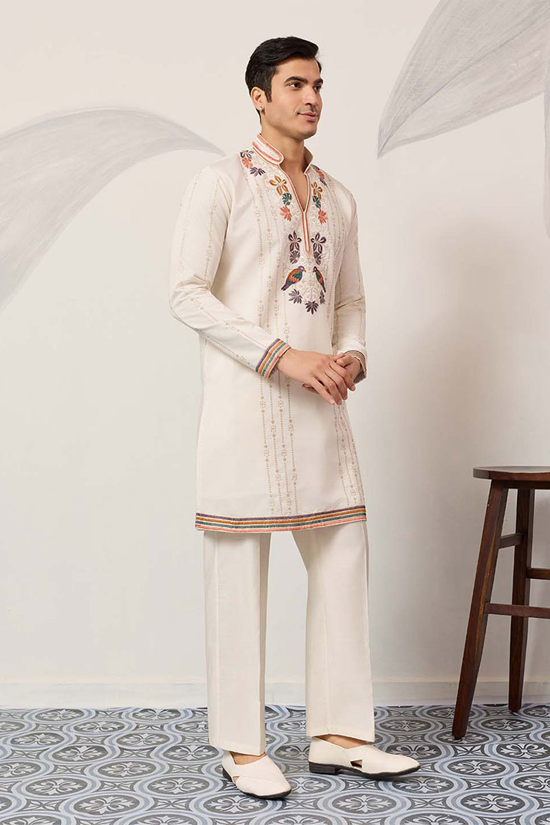 White Silk Blend Embroidered Straight Kurta With Trousers MKSET2397