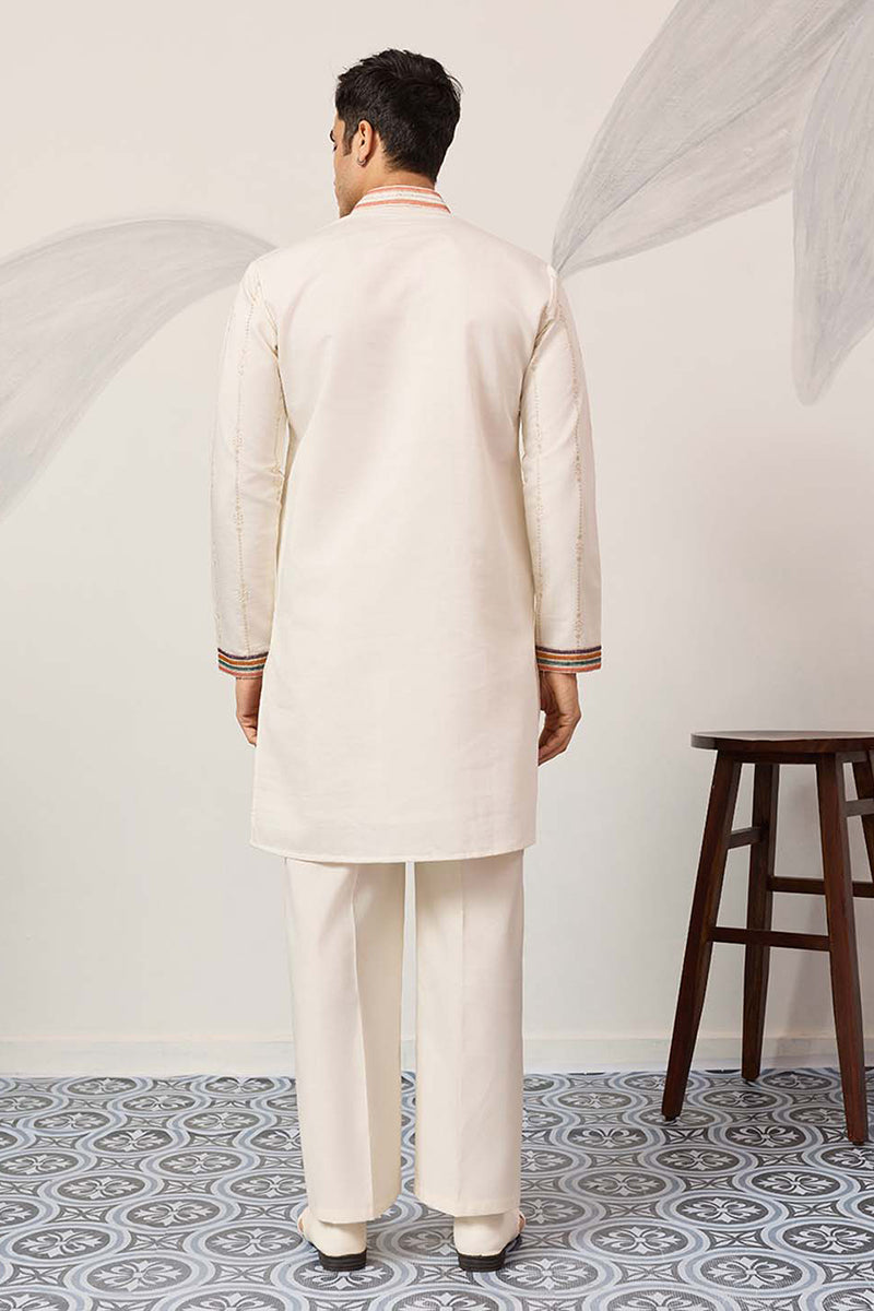 White Silk Blend Embroidered Straight Kurta With Trousers MKSET2397
