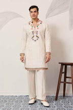 White Silk Blend Embroidered Straight Kurta With Trousers MKSET2397