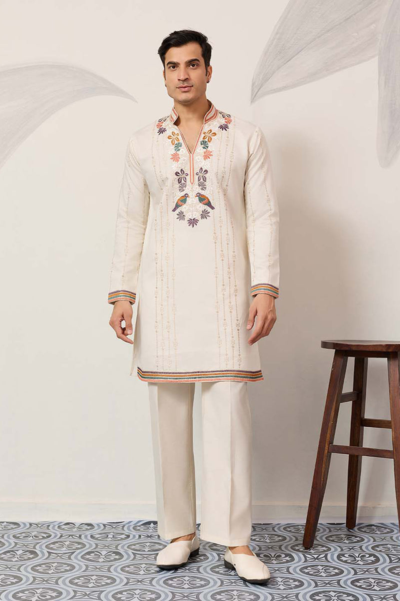 White Silk Blend Embroidered Straight Kurta With Trousers MKSET2397