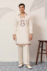 White Silk Blend Embroidered Straight Kurta With Trousers MKSET2397