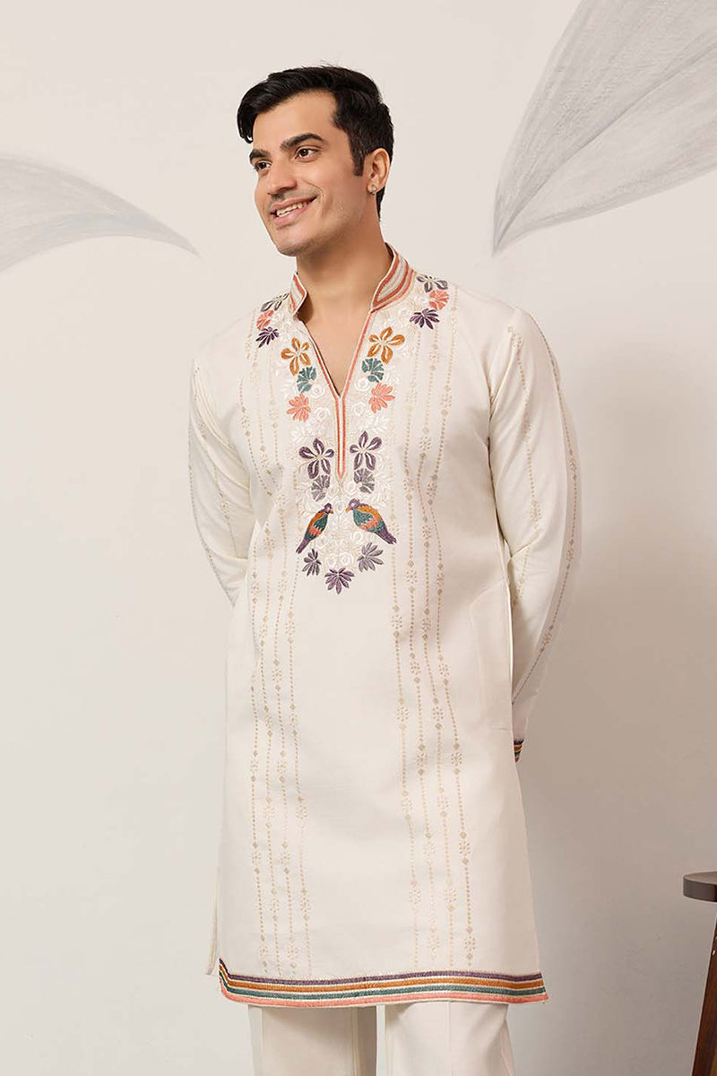 White Silk Blend Embroidered Straight Kurta With Trousers MKSET2397