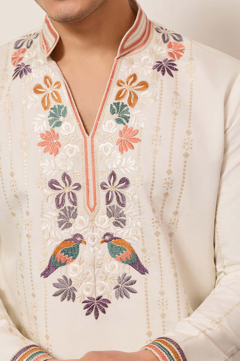 White Silk Blend Embroidered Straight Kurta With Trousers MKSET2397