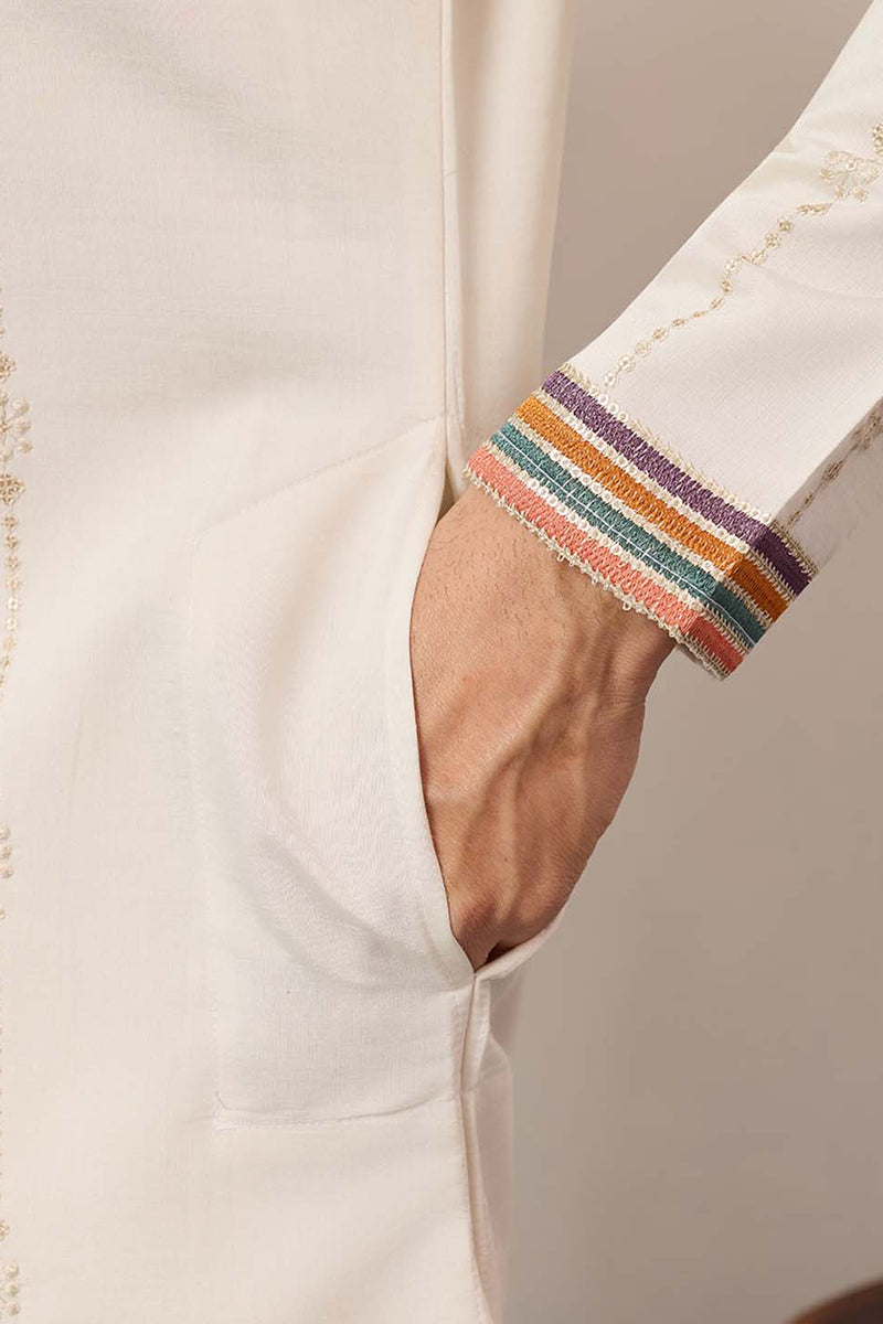 White Silk Blend Embroidered Straight Kurta With Trousers MKSET2397