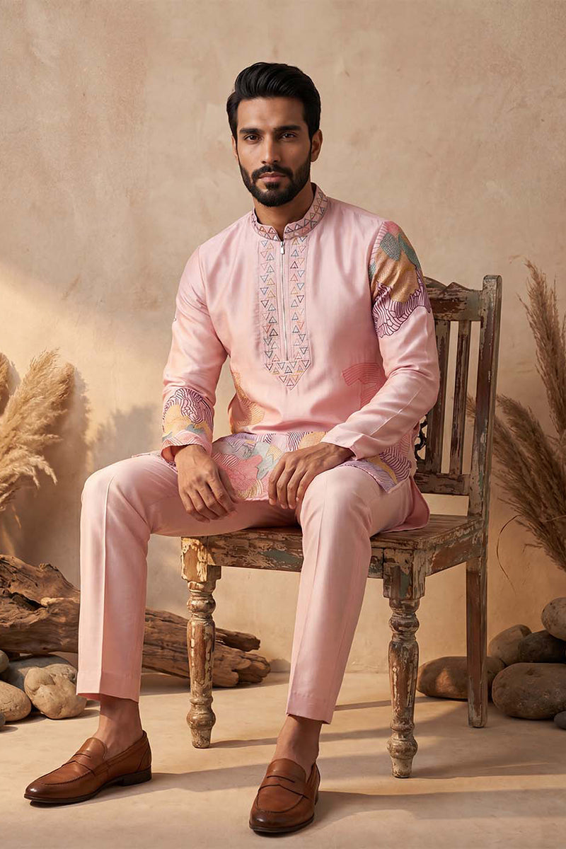Pink Silk Blend Embroidered Straight Kurta Sets MKSET2398
