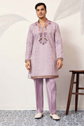 Lavender Silk Blend Embroidered Straight Kurta With Trousers MKSET2399