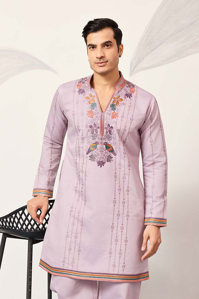 Lavender Silk Blend Embroidered Indian Wear for Men MKSET2399 | DesiQl