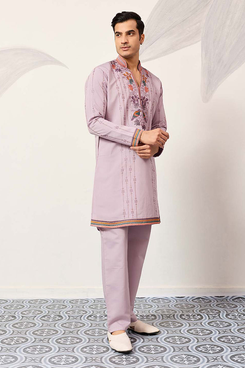 Lavender Silk Blend Embroidered Indian Wear for Men MKSET2399 | DesiQl