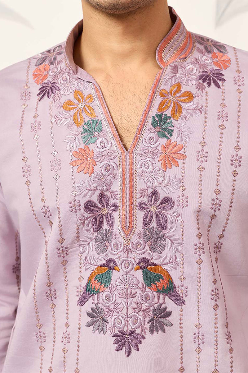 Lavender Silk Blend Embroidered Indian Wear for Men MKSET2399 | DesiQl