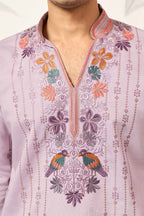 Lavender Silk Blend Embroidered Straight Kurta With Trousers MKSET2399