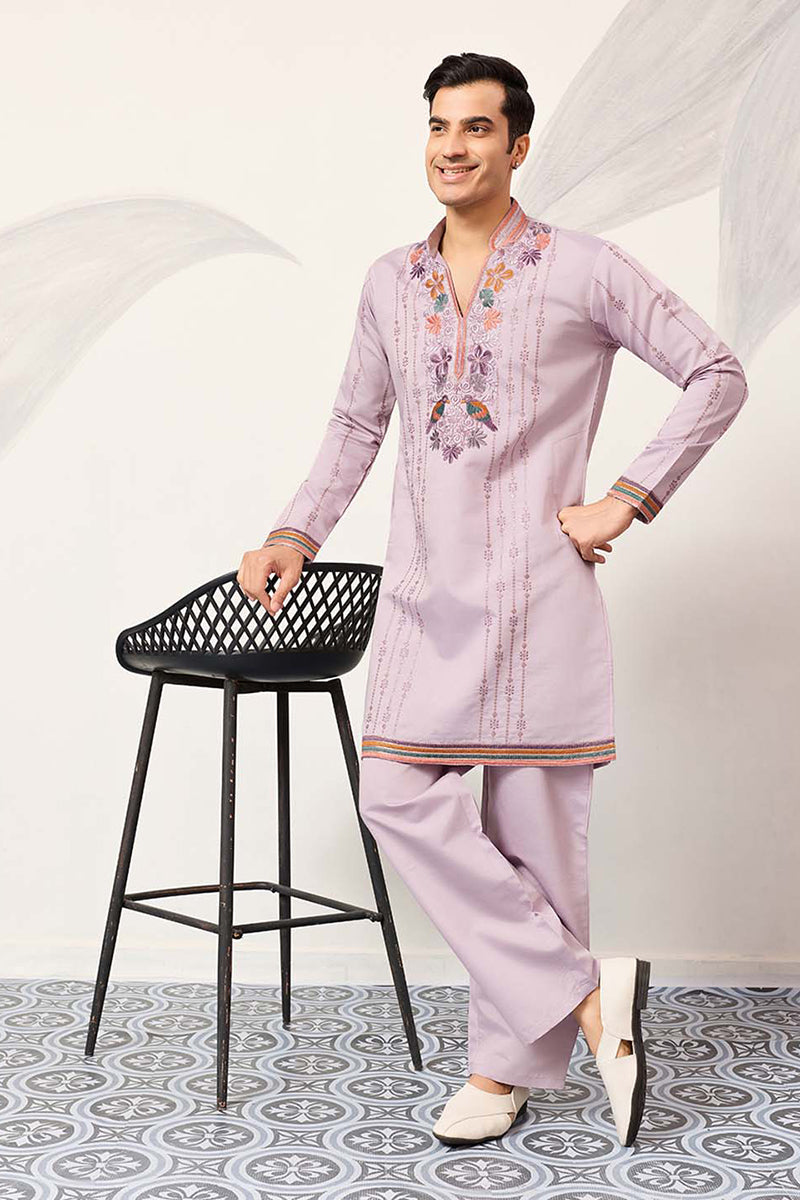 Lavender Silk Blend Embroidered Straight Kurta With Trousers MKSET2399