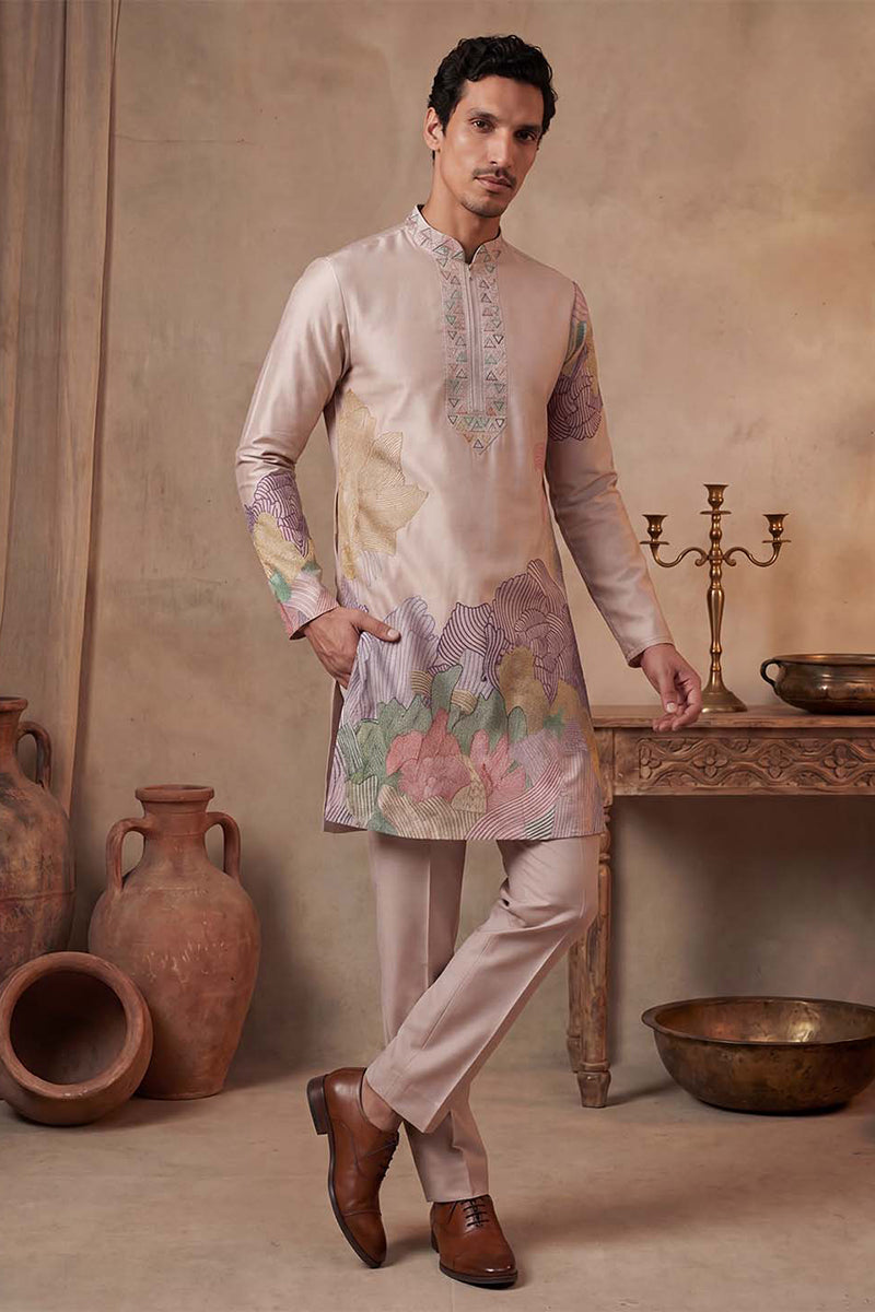 Taupe Silk Blend Embroidered Straight Kurta Sets MKSET2400