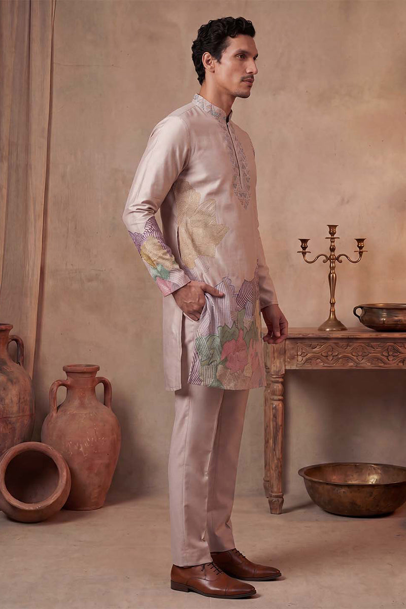 Taupe Silk Blend Embroidered Straight Kurta Sets MKSET2400