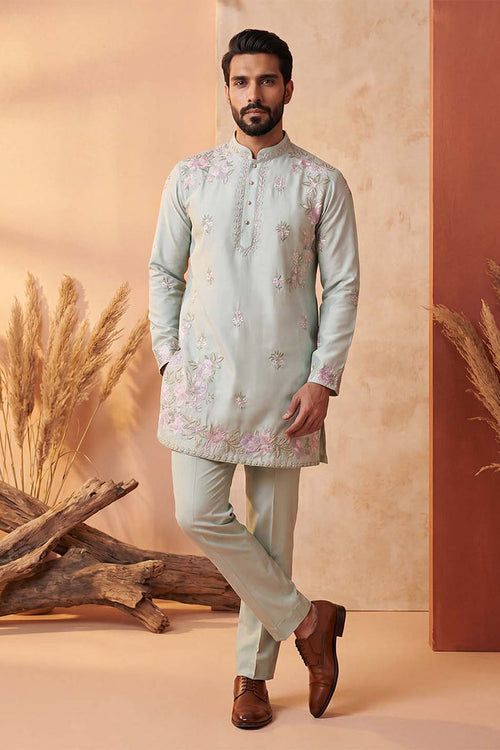Green Silk Blend Embroidered Straight Kurta Sets MKSET2402