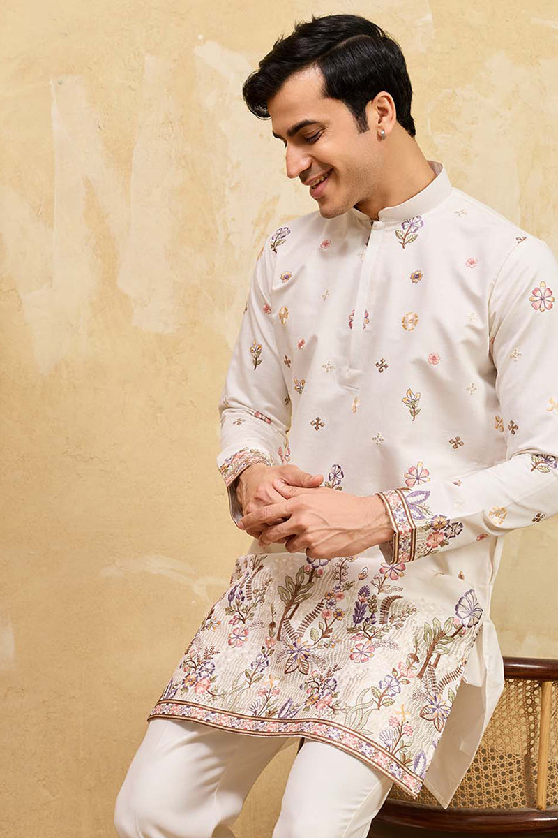 White Silk Blend Embroidered Straight Kurta Sets MKSET2403