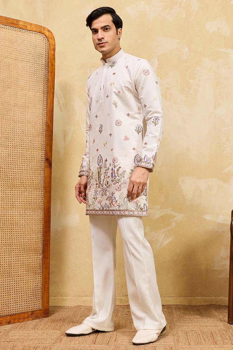 White Silk Blend Embroidered Straight Kurta Sets MKSET2403