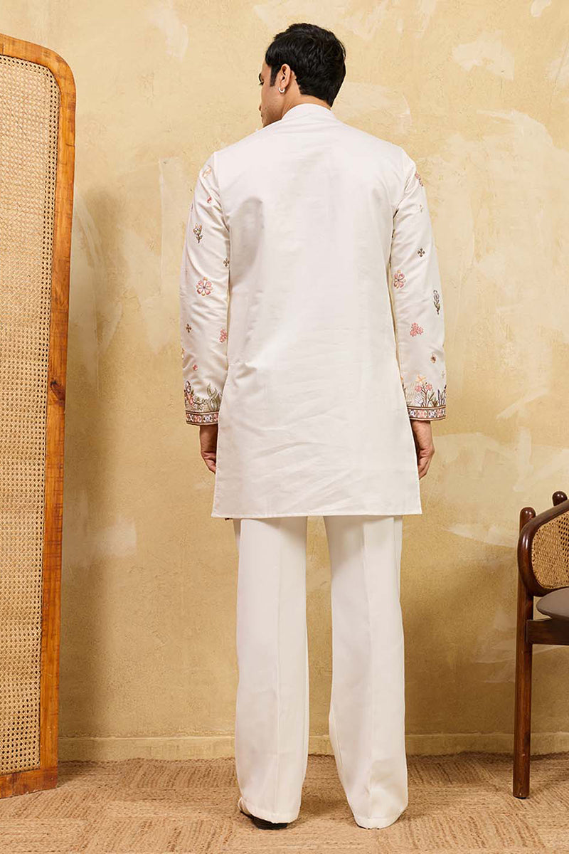 White Silk Blend Embroidered Indian Wear for Men | DesiQlo India
