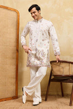 White Silk Blend Embroidered Straight Kurta Sets MKSET2403