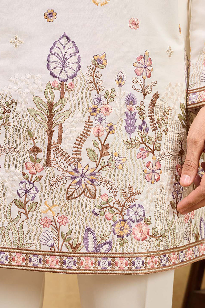 White Silk Blend Embroidered Indian Wear for Men | DesiQlo India