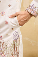 White Silk Blend Embroidered Straight Kurta Sets MKSET2403