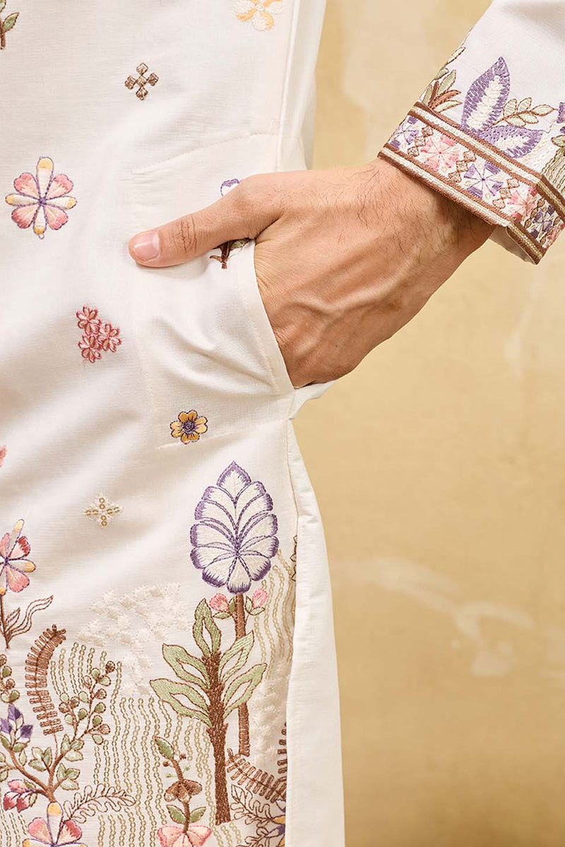 White Silk Blend Embroidered Straight Kurta Sets MKSET2403