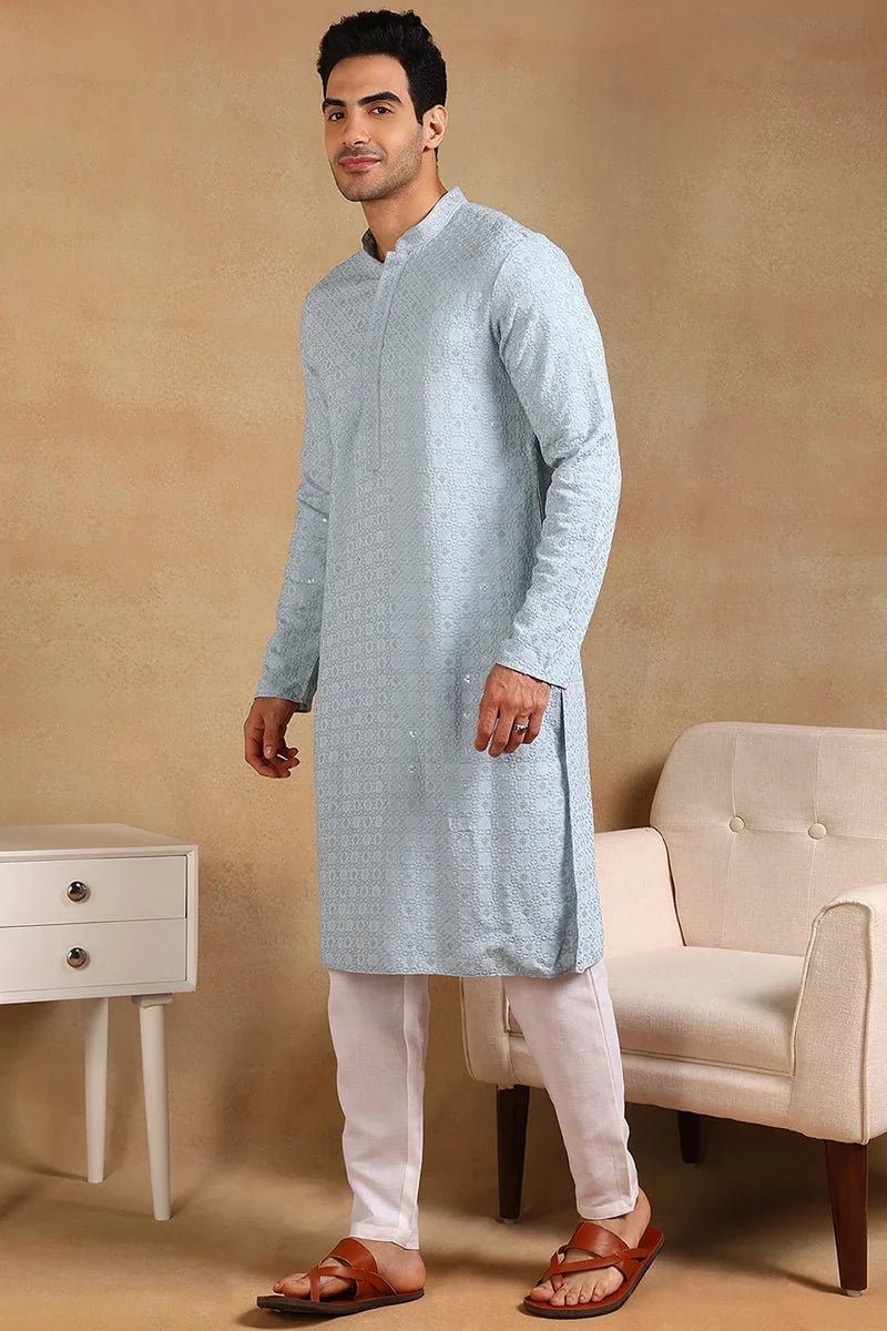 Blue Viscose Rayon Solid Embroidered Straight Kurta For Men MKU1001BLU