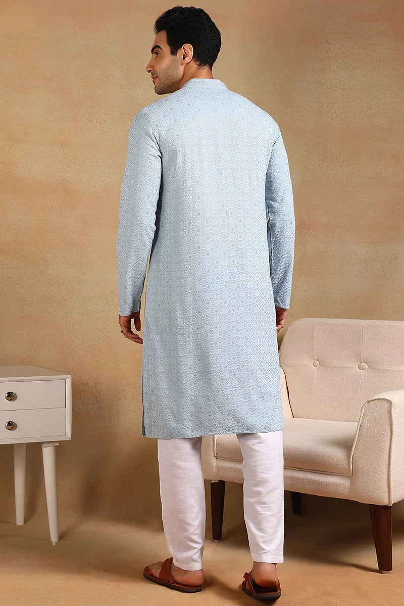 Blue Viscose Rayon Solid Embroidered Straight Kurta For Men MKU1001BLU
