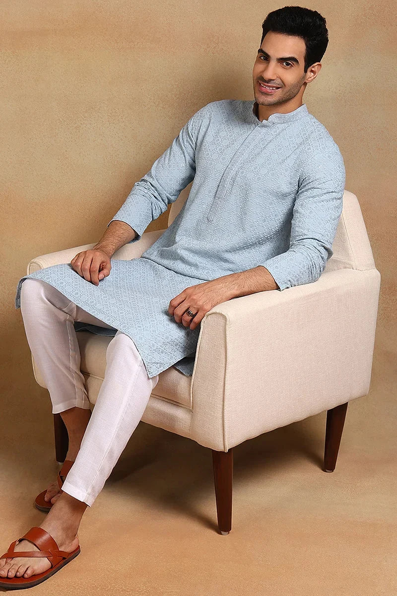 Blue Viscose Rayon Solid Embroidered Straight Kurta For Men MKU1001BLU