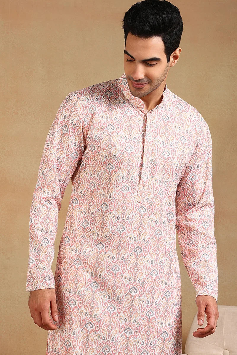 Peach Viscose Rayon Ethnic Motifs Embroidered Straight Kurta For Men MKU1004PCH