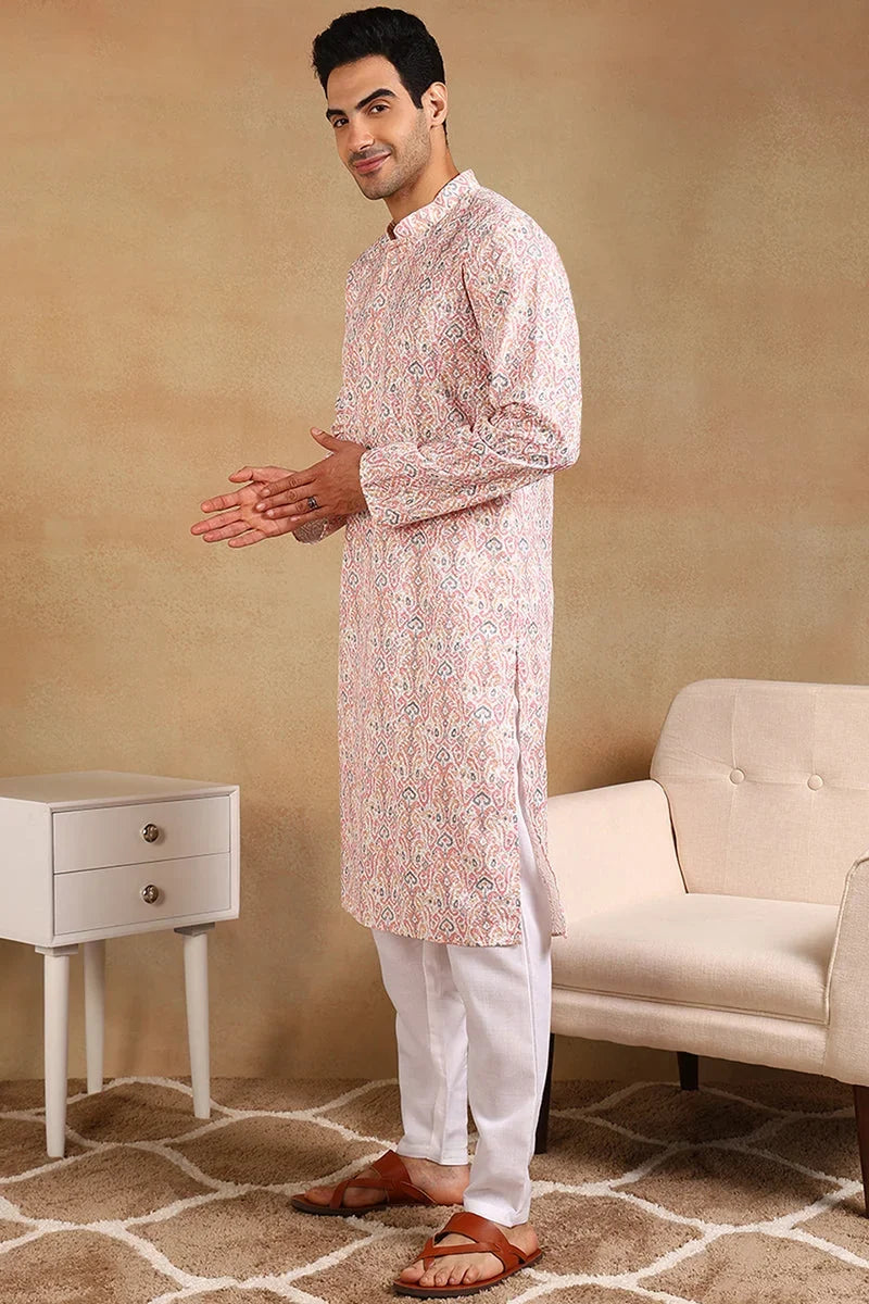 Peach Viscose Rayon Ethnic Motifs Embroidered Straight Kurta For Men MKU1004PCH