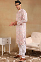 Peach Viscose Rayon Ethnic Motifs Embroidered Straight Kurta For Men MKU1004PCH