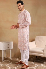 Peach Viscose Rayon Ethnic Motifs Embroidered Straight Kurta For Men MKU1004PCH