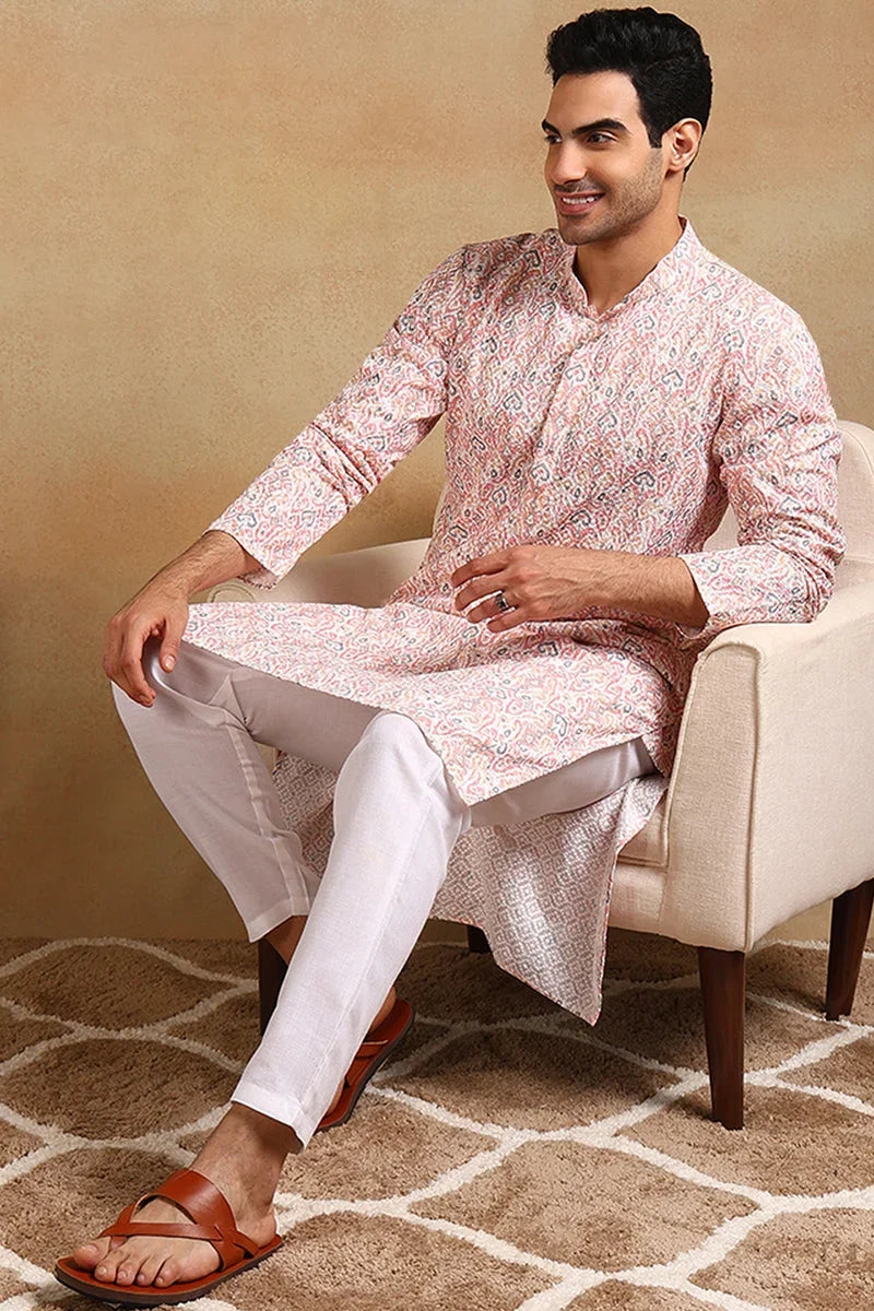 Peach Viscose Rayon Ethnic Motifs Embroidered Straight Kurta For Men MKU1004PCH